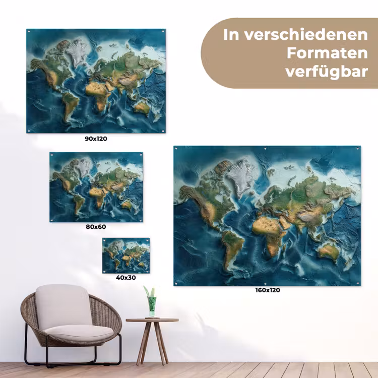 Wereldkaart - Realistisch - Contouren tuinposter los doek klein -Xsfeer9_DE