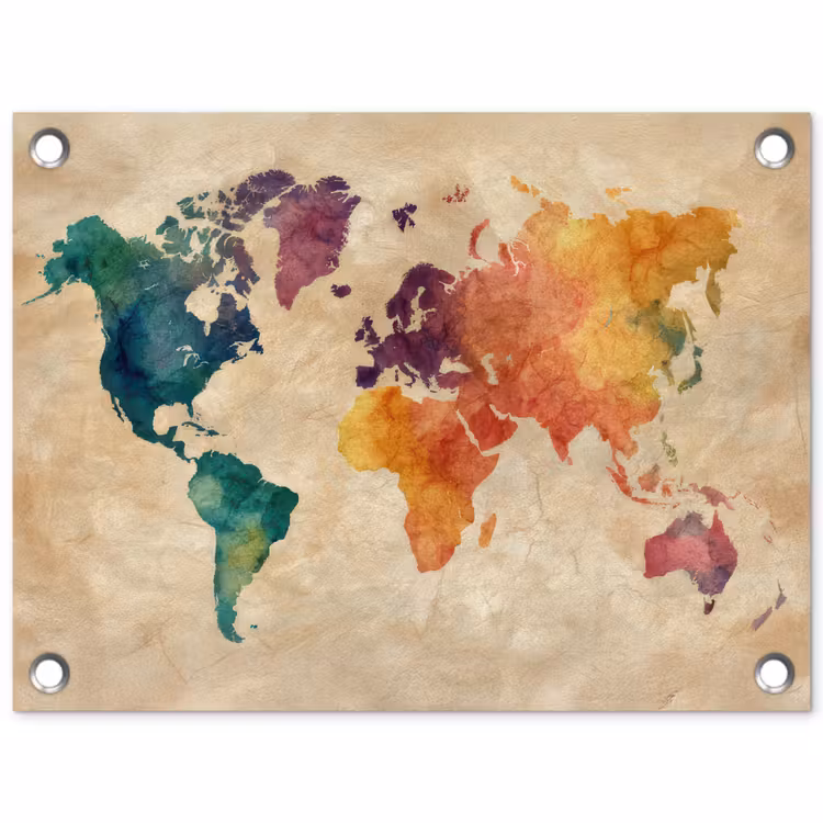 Wereldkaart - Regenboog aquarel - Papierstructuur tuinposter los doek klein -3d