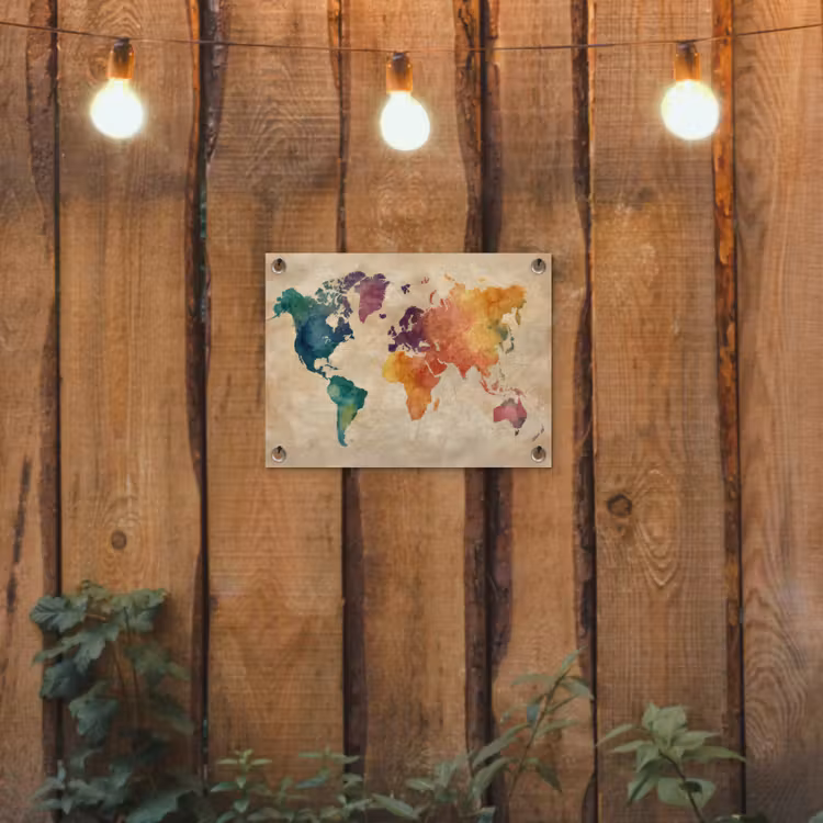 Wereldkaart - Regenboog aquarel - Papierstructuur tuinposter los doek klein -sfeer1