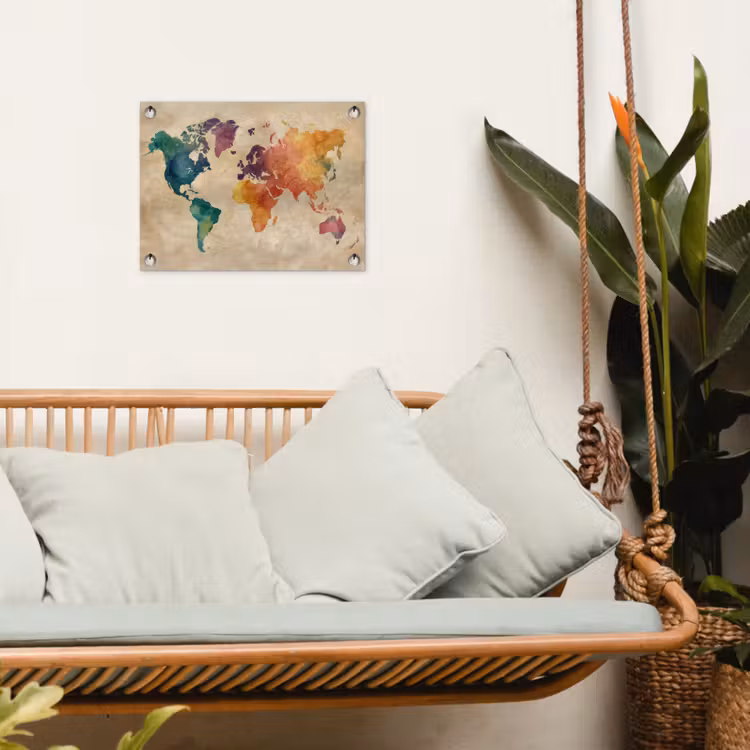Wereldkaart - Regenboog aquarel - Papierstructuur tuinposter los doek klein -sfeer7