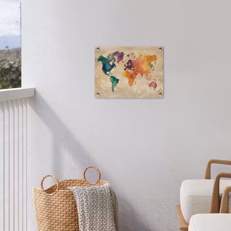 Wereldkaart - Regenboog aquarel - Papierstructuur tuinposter los doek klein -sfeer8