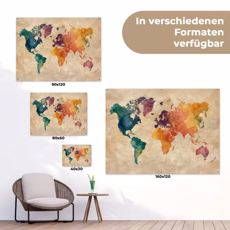 Wereldkaart - Regenboog aquarel - Papierstructuur tuinposter los doek klein -Xsfeer9_DE