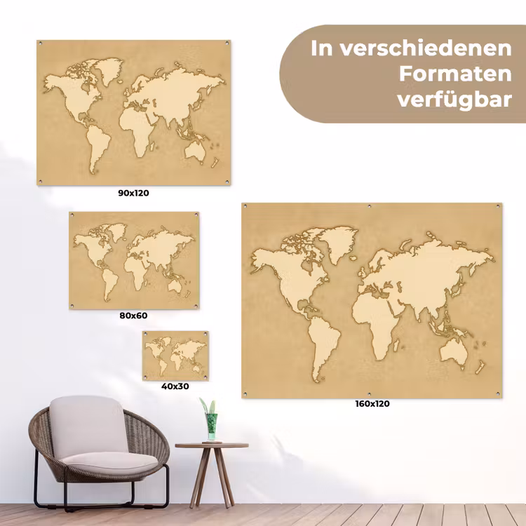 Wereldkaart - reliëfeffect - klassiek tuinposter los doek klein -Xsfeer9_DE