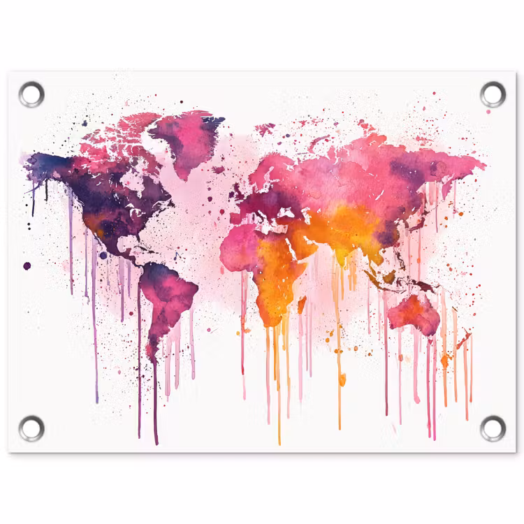 Wereldkaart - Roze - Druppels - Verf tuinposter los doek klein -3d
