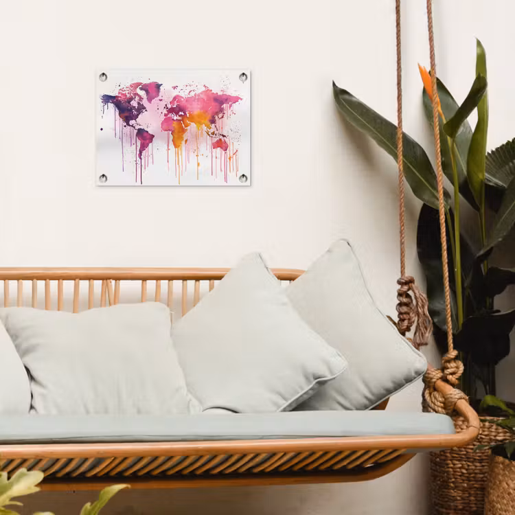 Wereldkaart - Roze - Druppels - Verf tuinposter los doek klein -sfeer7