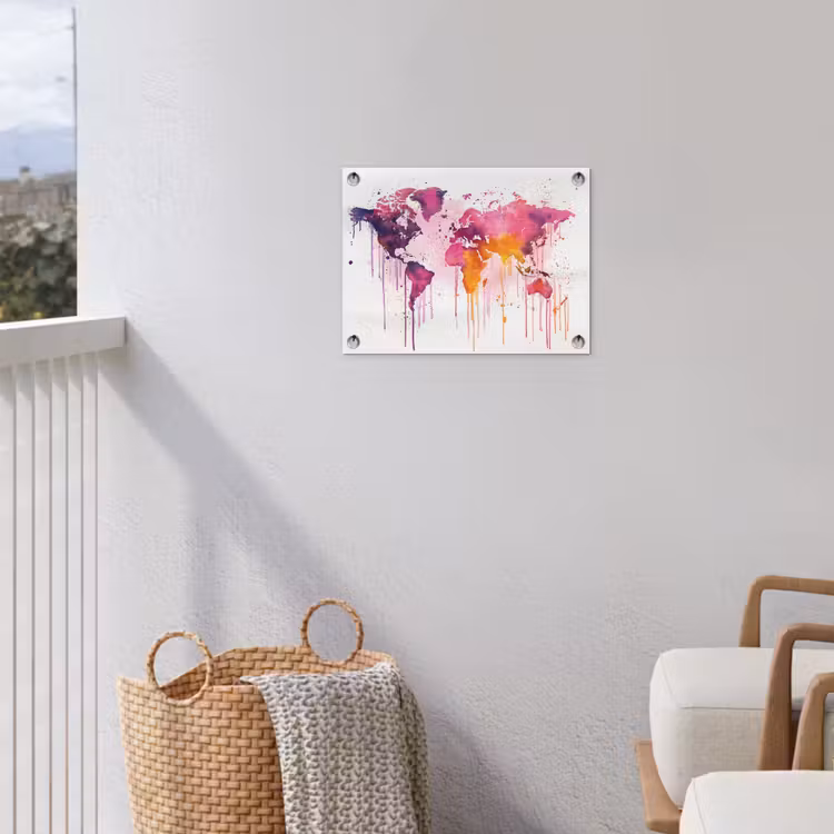 Wereldkaart - Roze - Druppels - Verf tuinposter los doek klein -sfeer8