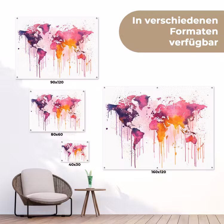 Wereldkaart - Roze - Druppels - Verf tuinposter los doek klein -Xsfeer9_DE