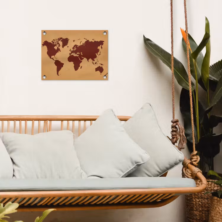 Wereldkaart - Roodbruin silhouet - Sterk kleurcontrast tuinposter los doek klein -sfeer7