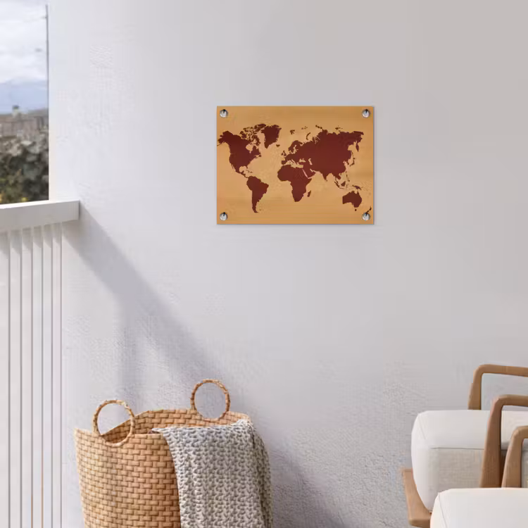 Wereldkaart - Roodbruin silhouet - Sterk kleurcontrast tuinposter los doek klein -sfeer8