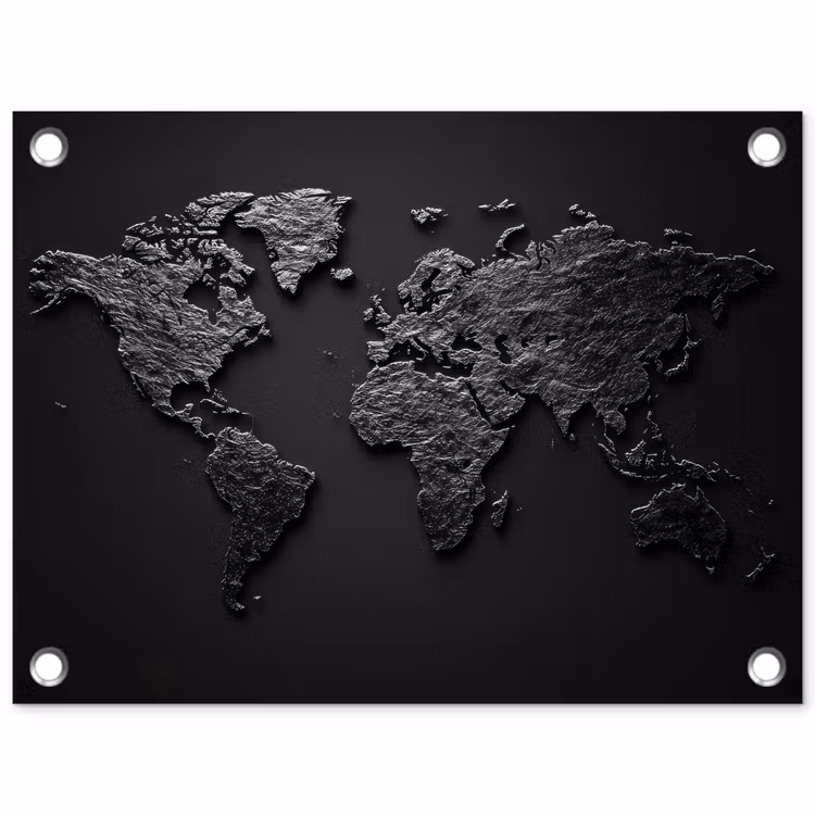 Wereldkaart - Zwart - Donker tuinposter los doek klein -3d