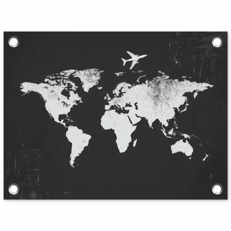 Wereldkaart - Zwart - Vliegtuig - Silhouet tuinposter los doek klein -3d
