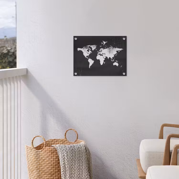 Wereldkaart - Zwart - Vliegtuig - Silhouet tuinposter los doek klein -sfeer8