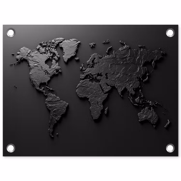 Wereldkaart - Zwart - Grijs tuinposter los doek klein -3d