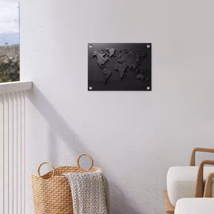 Wereldkaart - Zwart - Grijs tuinposter los doek klein -sfeer8