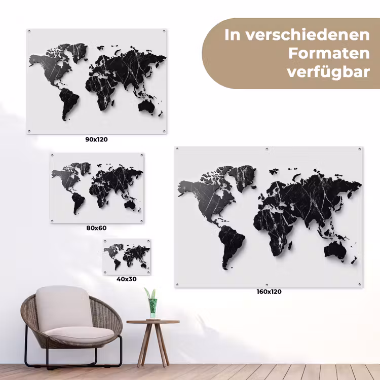 Wereldkaart - Zwart - Marmer - Elegant tuinposter los doek klein -Xsfeer9_DE