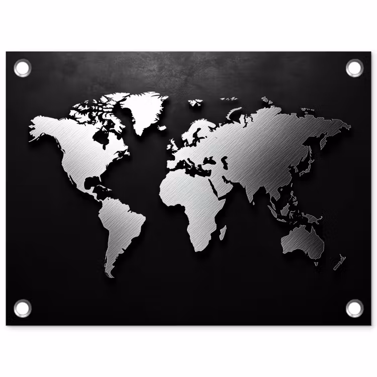 Wereldkaart - Zwart - Zilver - Metaal tuinposter los doek klein -3d