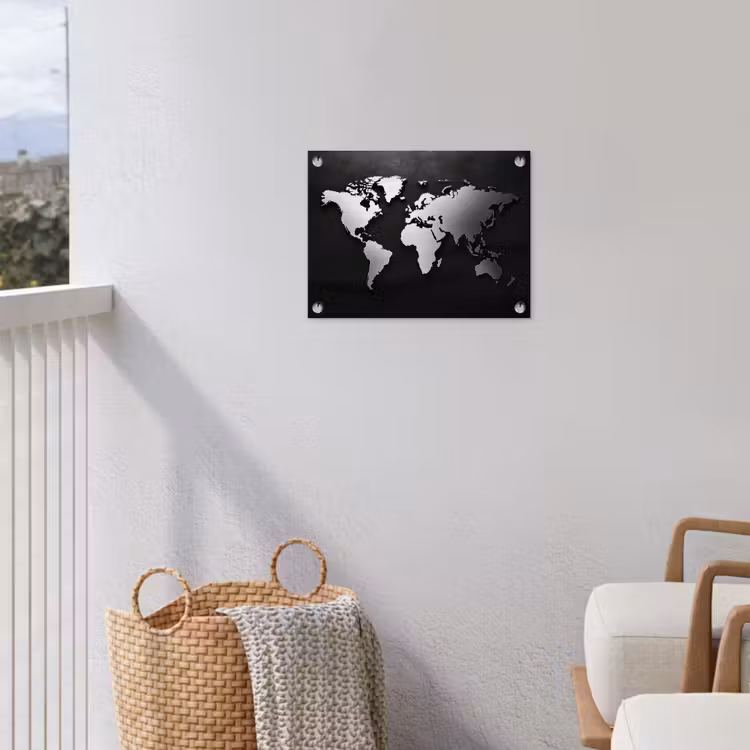 Wereldkaart - Zwart - Zilver - Metaal tuinposter los doek klein -sfeer8