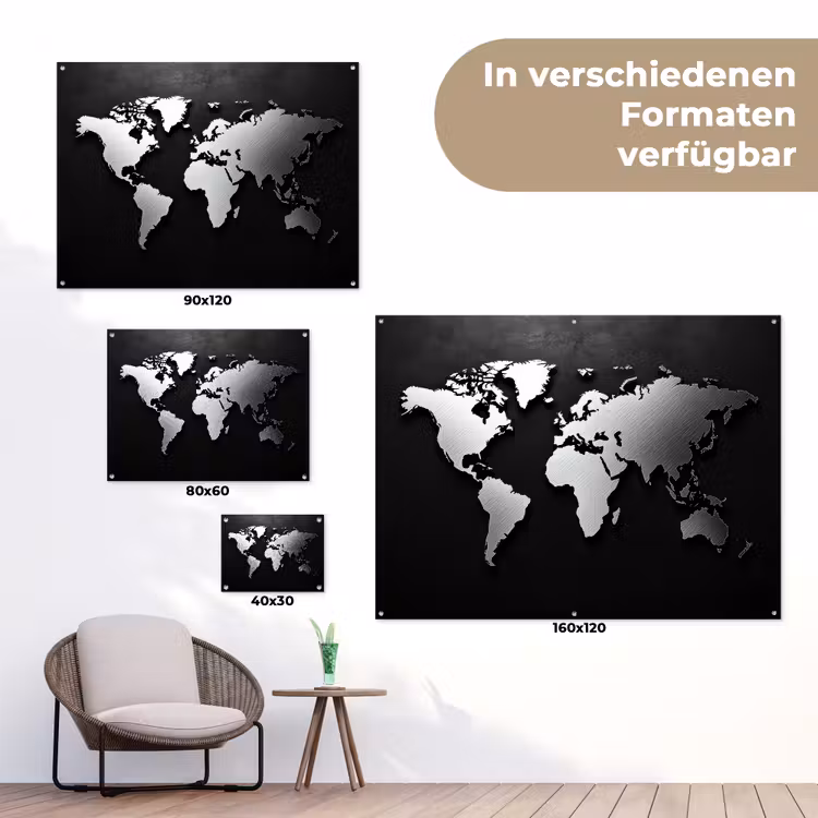 Wereldkaart - Zwart - Zilver - Metaal tuinposter los doek klein -Xsfeer9_DE
