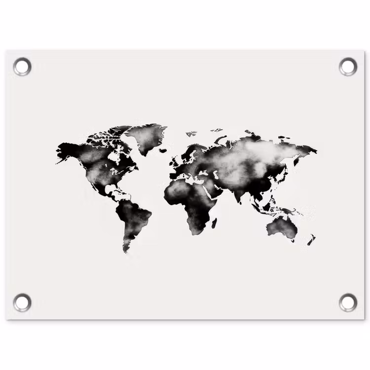 Wereldkaart - Zwart - Inktwassing tuinposter los doek klein -3d