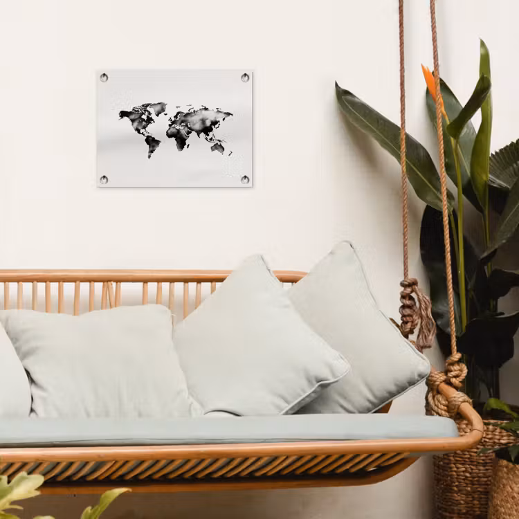 Wereldkaart - Zwart - Inktwassing tuinposter los doek klein -sfeer7