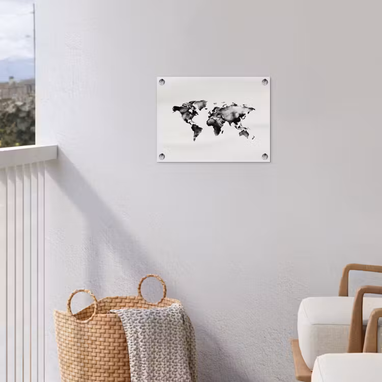 Wereldkaart - Zwart - Inktwassing tuinposter los doek klein -sfeer8