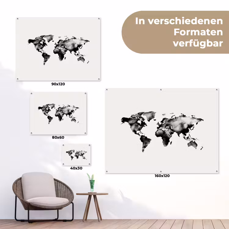 Wereldkaart - Zwart - Inktwassing tuinposter los doek klein -Xsfeer9_DE