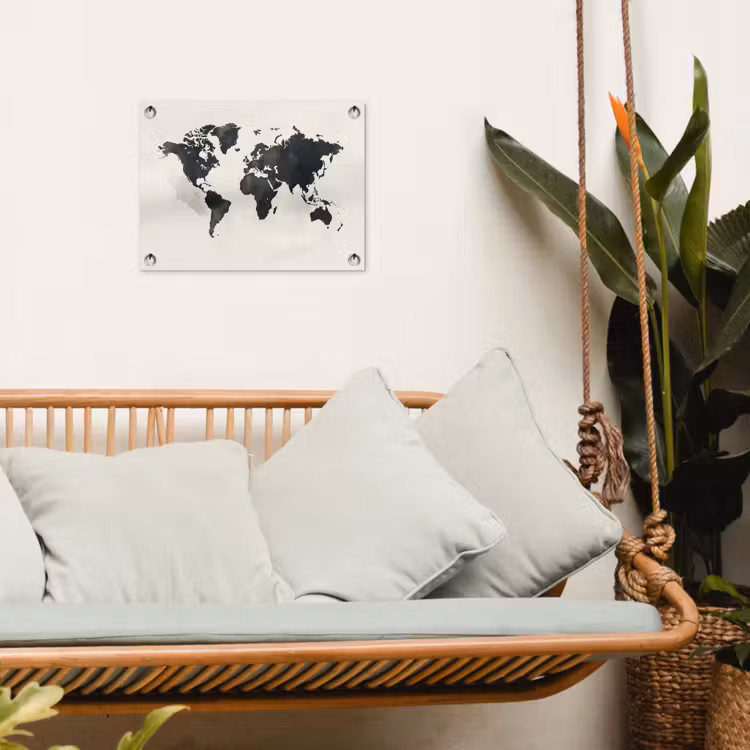 Wereldkaart - Zwart - Wit - Verf tuinposter los doek klein -sfeer7