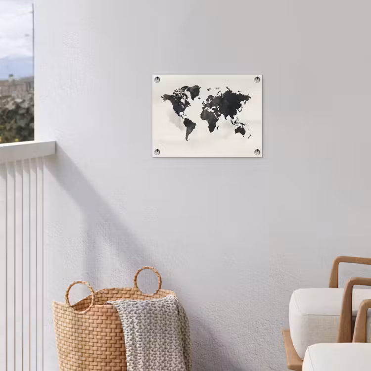 Wereldkaart - Zwart - Wit - Verf tuinposter los doek klein -sfeer8