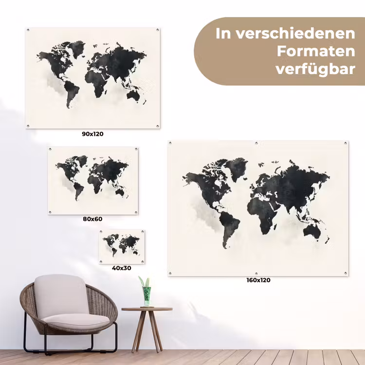 Wereldkaart - Zwart - Wit - Verf tuinposter los doek klein -Xsfeer9_DE
