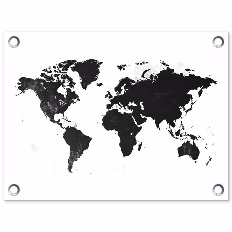 Wereldkaart - Zwart - Wit - Strak tuinposter los doek klein -3d
