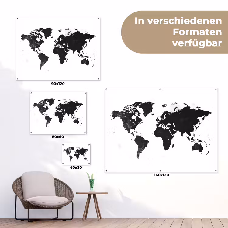 Wereldkaart - Zwart - Wit - Strak tuinposter los doek klein -Xsfeer9_DE