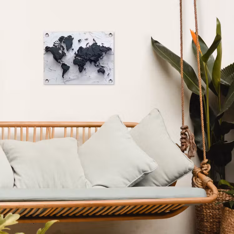 Wereldkaart - Zwarte- Steen tuinposter los doek klein -sfeer7