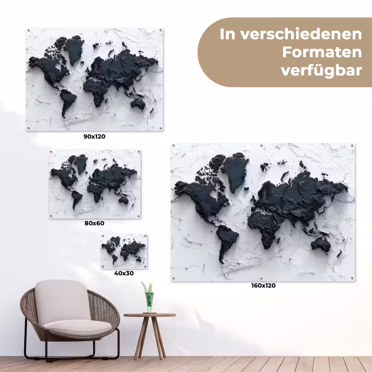 Wereldkaart - Zwarte- Steen tuinposter los doek klein -Xsfeer9_DE