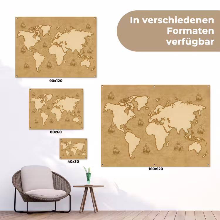Wereldkaart - Zeilschepen - Ouderwets tuinposter los doek klein -Xsfeer9_DE