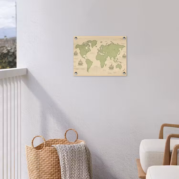 Wereldkaart - Zeilschepen - Lichtgroen tuinposter los doek klein -sfeer8