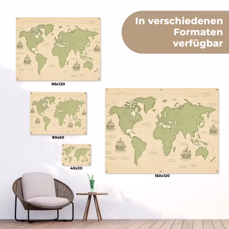 Wereldkaart - Zeilschepen - Lichtgroen tuinposter los doek klein -Xsfeer9_DE
