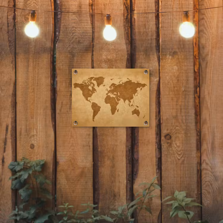 Wereldkaart -  sepia silhouet tuinposter los doek klein -sfeer1