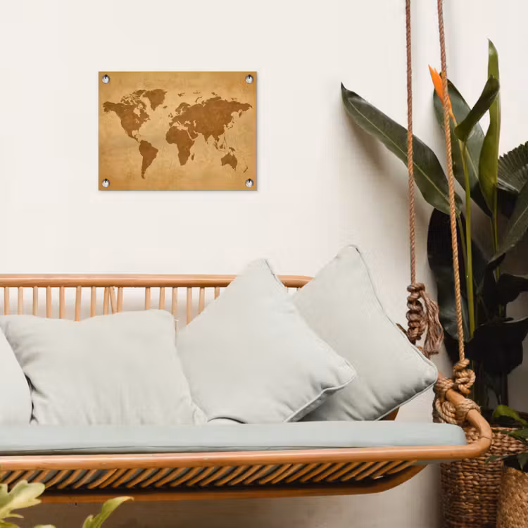 Wereldkaart -  sepia silhouet tuinposter los doek klein -sfeer7