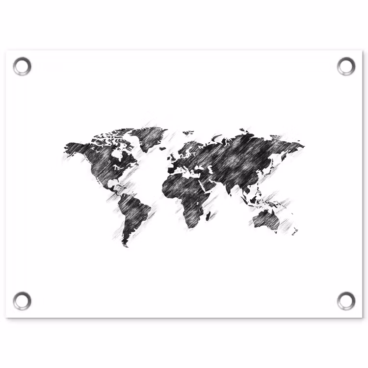 Wereldkaart - Schets - Potlood - Zwart tuinposter los doek klein -3d