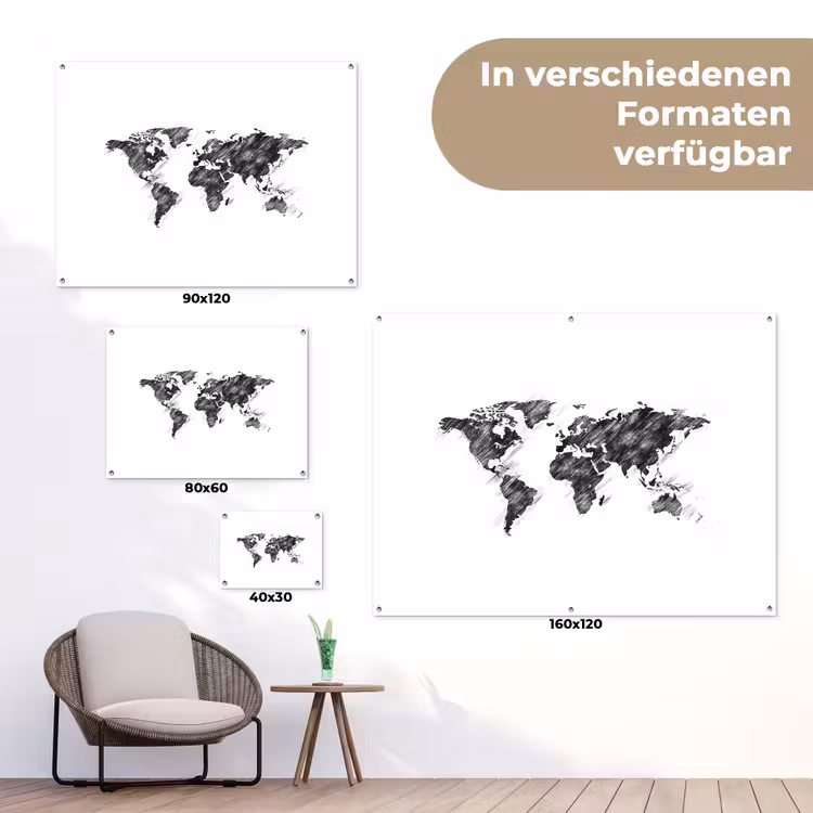 Wereldkaart - Schets - Potlood - Zwart tuinposter los doek klein -Xsfeer9_DE