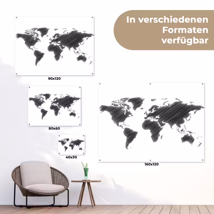 Wereldkaart - Schets - Zwart - Wit tuinposter los doek klein -Xsfeer9_DE