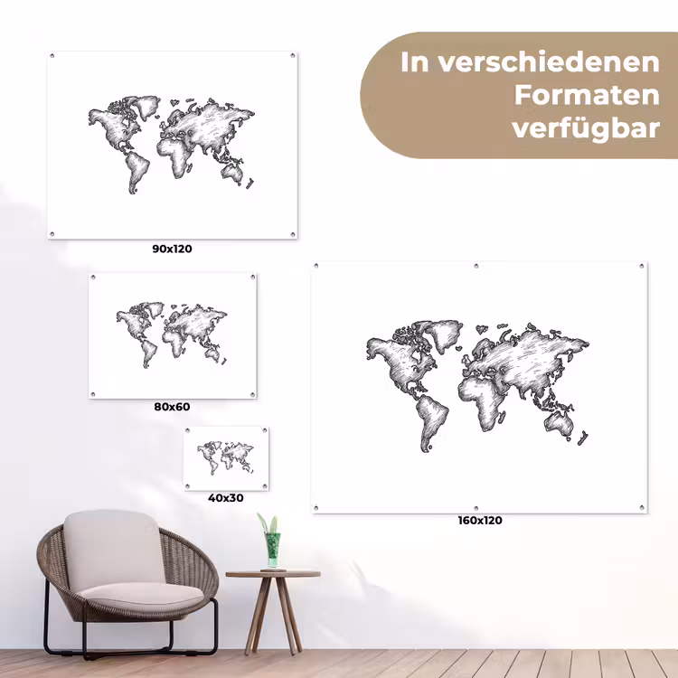 Wereldkaart - Schets - Wit - Zwart tuinposter los doek klein -Xsfeer9_DE