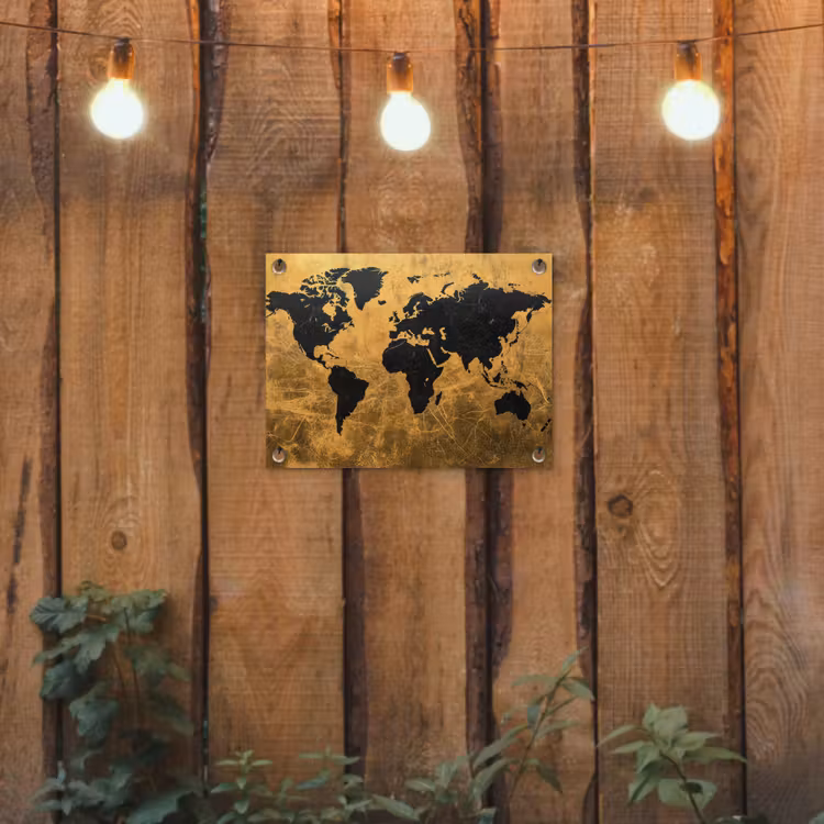 Wereldkaart - Vlekdetails - Goud tuinposter los doek klein -sfeer1