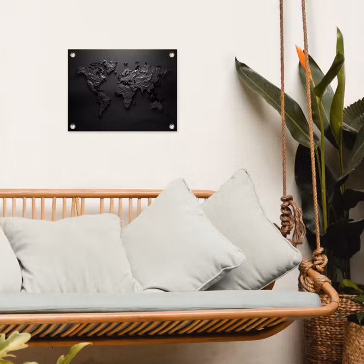 Wereldkaart - Steen - Zwart tuinposter los doek klein -sfeer7