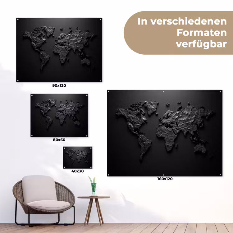 Wereldkaart - Steen - Zwart tuinposter los doek klein -Xsfeer9_DE