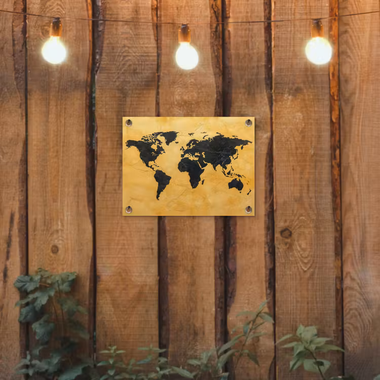 Wereldkaart - Stenen textuur - Goud tuinposter los doek klein -sfeer1