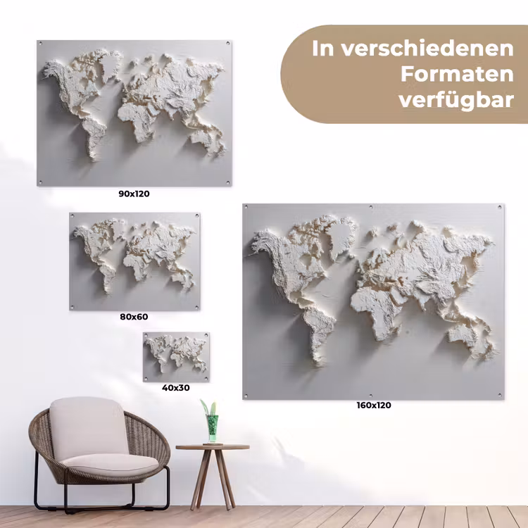 Wereldkaart - Subtiel reliëf - Wit tuinposter los doek klein -Xsfeer9_DE