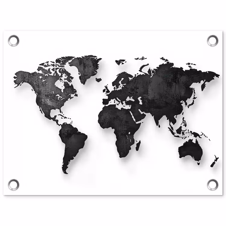 Wereldkaart - Diepte - Zwart tuinposter los doek klein -3d