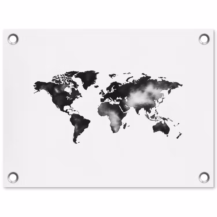 Wereldkaart - Inkt - Zwart tuinposter los doek klein -3d