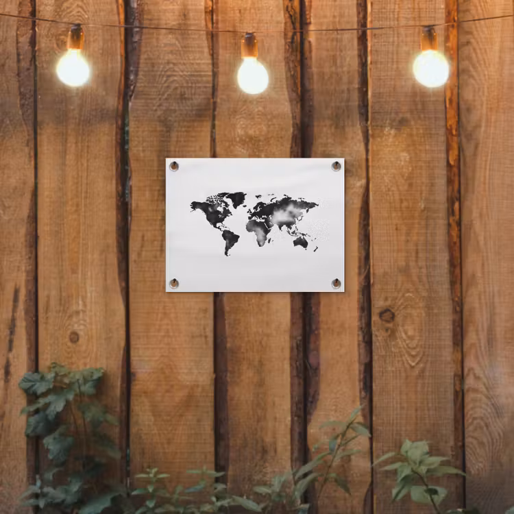 Wereldkaart - Inkt - Zwart tuinposter los doek klein -sfeer1